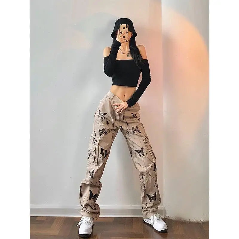 American y2k women spring Splattered ink tie-dye butterfly tooling pants  straight loose hot girl high street design pants