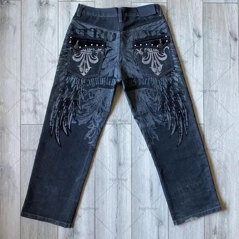 Hip-hop Gothic Punk Wings Graphic Embroidered High Waist baggy Jeans Women Aesthetic Fashion Casual Versatile Straight y2k Pants