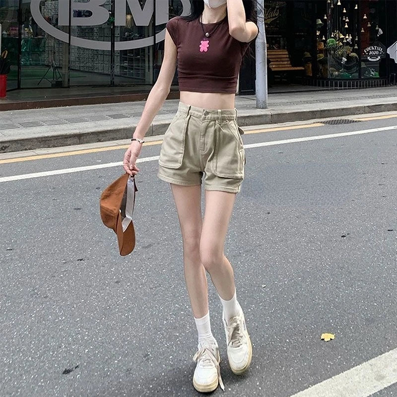 Khaki Shorts Cargo Summer Thin High Waist Big Pockets American Sweet Loose Sexy All-match Clothing Solid Daily Aesthetic Mujer