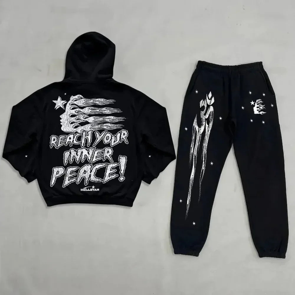 Y2K Fashion Men's Gothic Hip Hop Pattern Printed Hoodie New Sports Retro Casual Sports Pants Harajuku Two Piece Sports Pants Set