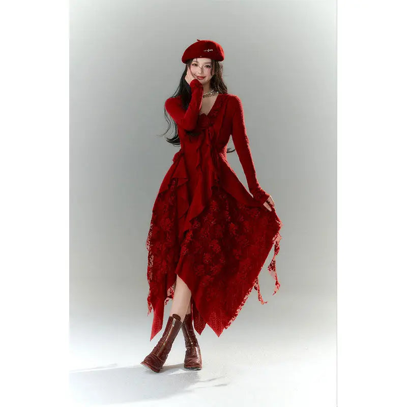 Irregular Knitted Dress with V-neck, Red Lace, Unique Design and Sense of Style for Christmas, Autumn and Winter, New, 2023