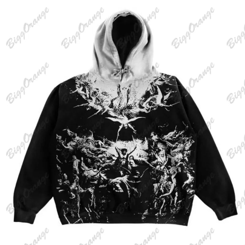 American retro ins style women autumn hoodie new style personalized 3D printing pattern loose pullover couple hooded sweatshirt