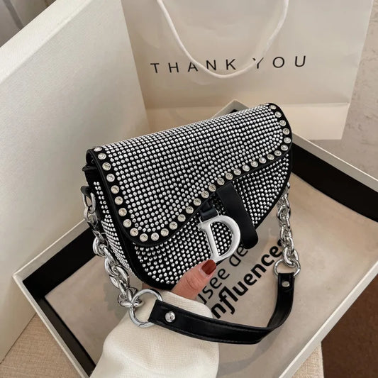 Women's Bag 2022 Trend High-Grade Thick Chain Bright Diamond Luxury Designer Crossbody Bags Free Shipping Fashion Saddle Bag