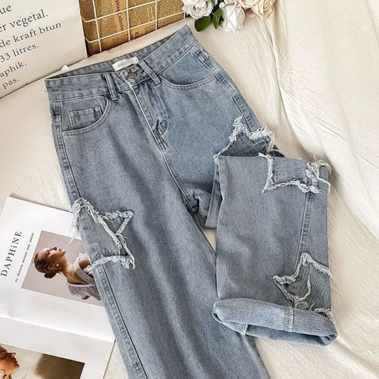 Denim Popular Ins Fashion Korean WIth Star 2023 Spring Autumn New High Waist Straight Leg Loose Fitting Jeans