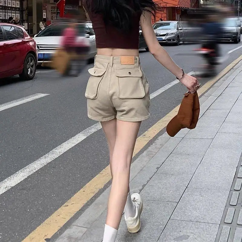 Khaki Shorts Cargo Summer Thin High Waist Big Pockets American Sweet Loose Sexy All-match Clothing Solid Daily Aesthetic Mujer