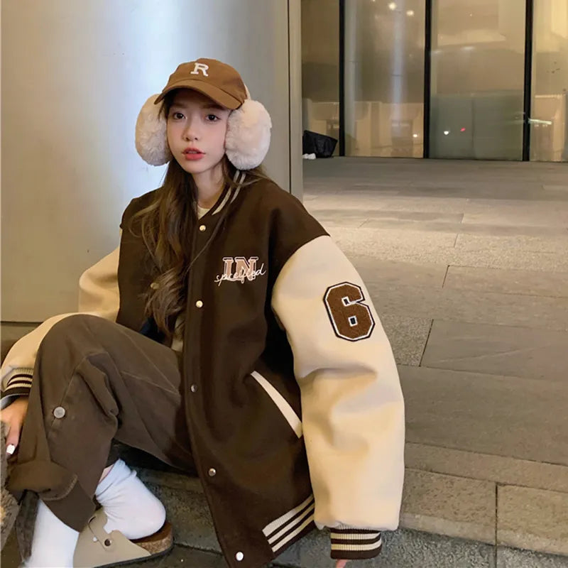 Y2k Varsity Bomber Jacket Women Red Brown Korean Fashion 2022 Winter Coat Vintage Baseball Jackets Hip Hop Streetwear Outerwear