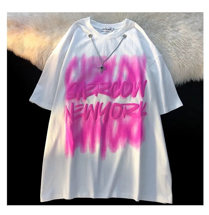 Harajuku Cotton Material Retro Street Hip-hop Tie-dye Graffiti T-shirt Men Women Cool Cross Chain Fashion Top Summer Oversized