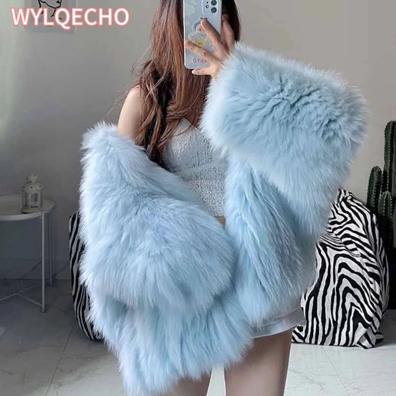 Winter Shaggy Hairy Thick Warm Soft Colored Faux Fur Jacket Women with Hood Bat Sleeved Loose Casual Designer Clothes