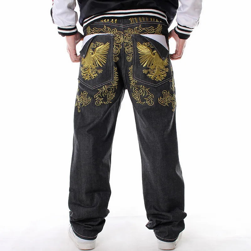 American Retro Black Embroidered Jeans Male Y2K Street Baggy Fashion Gothic Punk Style Loose Casual Joker Cowboy Mop Pants