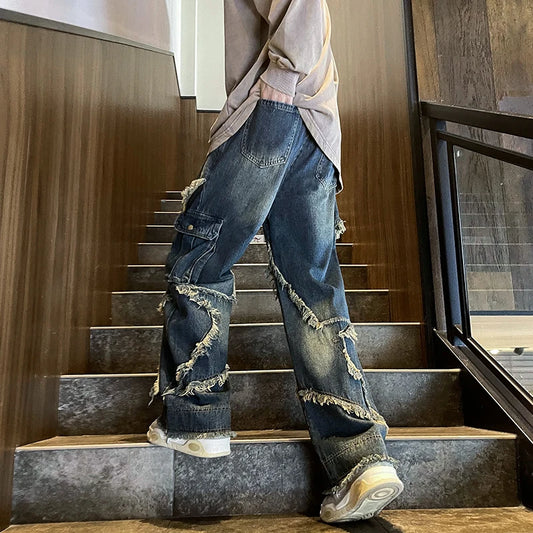 Star Tassel Frayed Straight Baggy Cargo Jeans Hip Hop Patchwork Pants Harajuku Male Female Streetwear Casual Denim Trousers