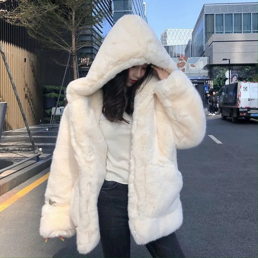 Korean Thickened Mink Velvet Coat Women Winter Clothes New Jacket Version Loose Imitation Rabbit Fur Plush Hooded Fur Coat