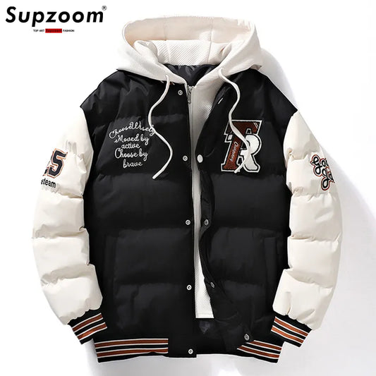 Supzoom New Arrival Casual Embroidery Mens Winter Trendy Fake Two-piece Hooded Bread Suit Couple Cotton-padded Jackets And Coats