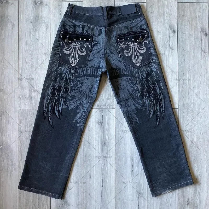 European and American Fashionable Wide-leg Pants Cargo style Men High-waisted Washed Straight Pants Y2k Wings Print Oversized Jeans Women