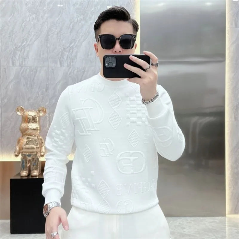 TShirt for Men O-Neck Tee Sweatshirt Autumn Winter Light Luxury Casual Jacquard Men's Fashion High-end Base Top T shirts