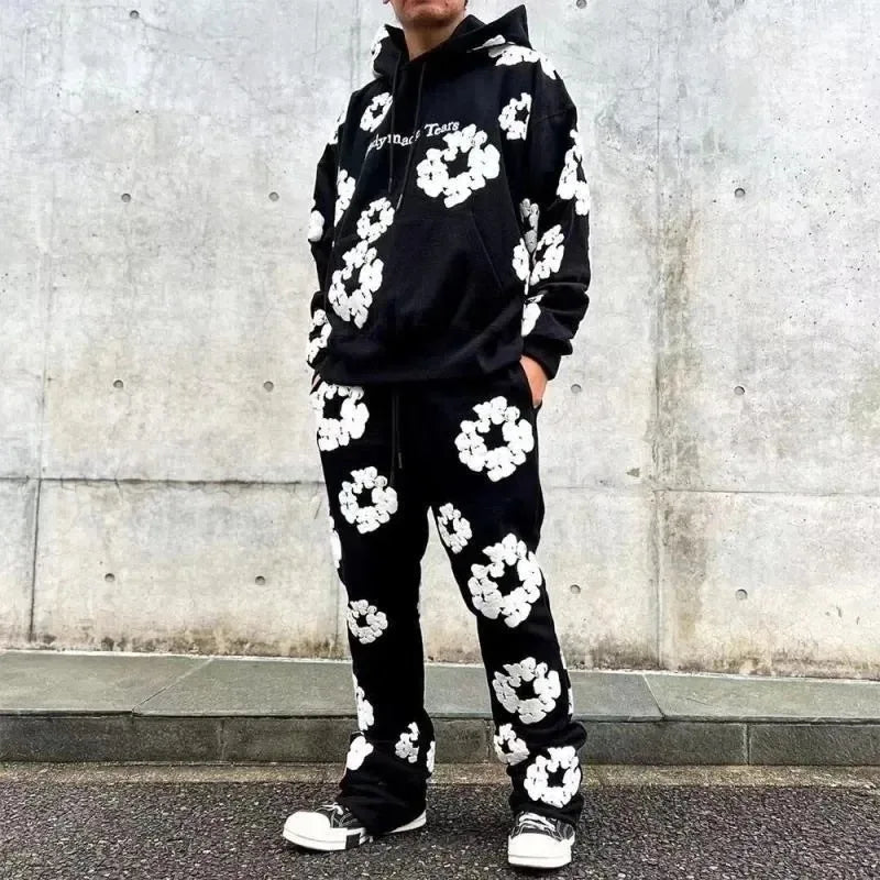 Y2K 2 piece set tracksuit men Hip hop Streetwear Foam Kapok Print Letter printing Oversize Hooded Men Women Sweatshirt Set Baggy