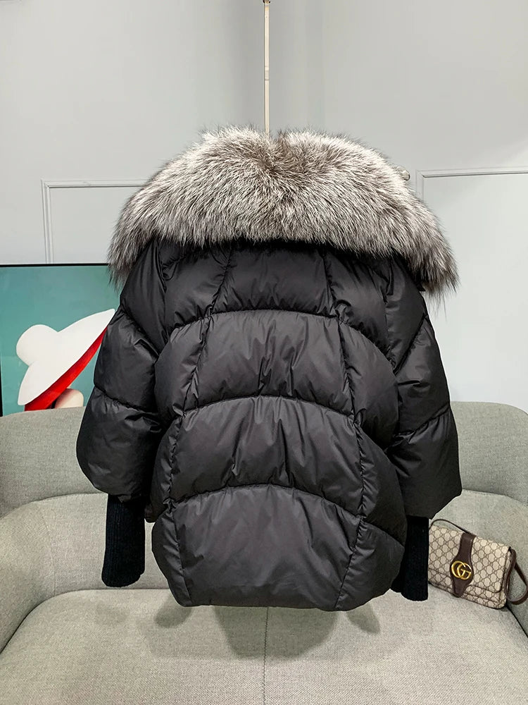 Women Puffer Coats White Duck Down Jacket Parkas Winter Large Real Silver Fox Fur Collar With Knit Sleeve Fashion Outerwear