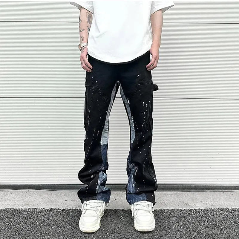 Hip Hop Contrast Color Splice Speckled Ink Paint Micro Flared Jeans for Men Straight Baggy Y2K Denim Trousers Oversized Cargos