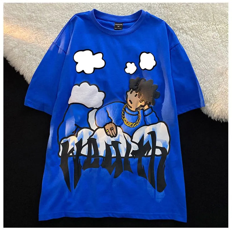 Harajuku Clouds Anime Boy Print High Street T Shirts Men Cool Hip Hop Oversized T Shirt Loose Casual 100% Cotton Summer Y2K Tops