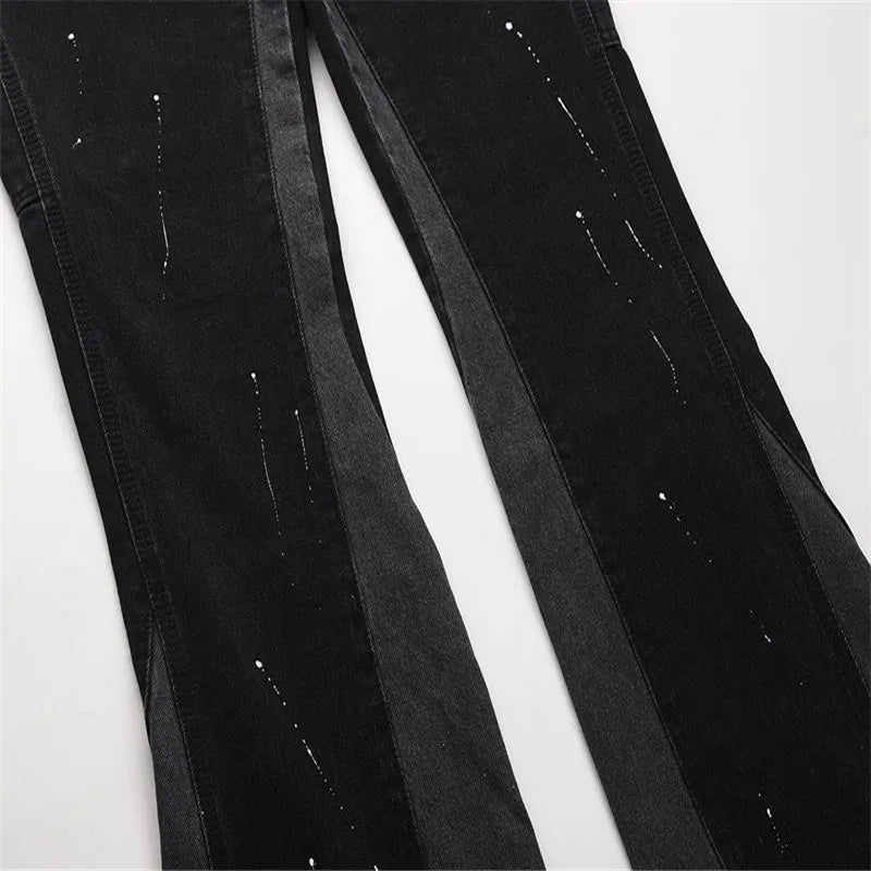 Jeans ins high street trend men and women spring and autumn retro splash ink stitching deconstructed straight flared trousers