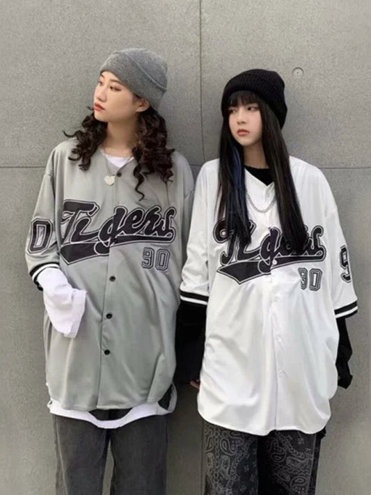 ADAgirl Baseball Oversize Blouse Women Streetwear Hoodie Hip Hop Short Half Sleeve Shirts Girl Vintage Printed Korean Style Femme Tops