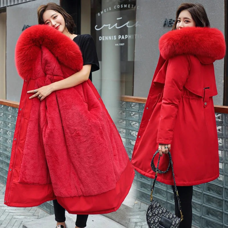 2023 Winter New Cotton Fur Collar Plus Fleece Coat Women Solid Color Down Cotton Jacket for Women