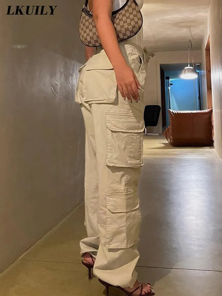 Vintage Cargo Pants Overalls Baggy Jeans Women Casual Fashion Y2k 90s Streetwear Big Pockets High Waist Straight Denim Trousers