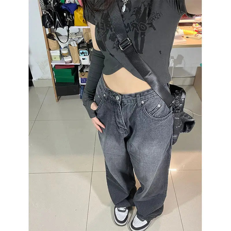 Y2k Straight Denim Trousers Jeans Women Vintage 90S High Waist Loose Wide Leg Casual Long Baggy Pants Clothing Female Streetwear