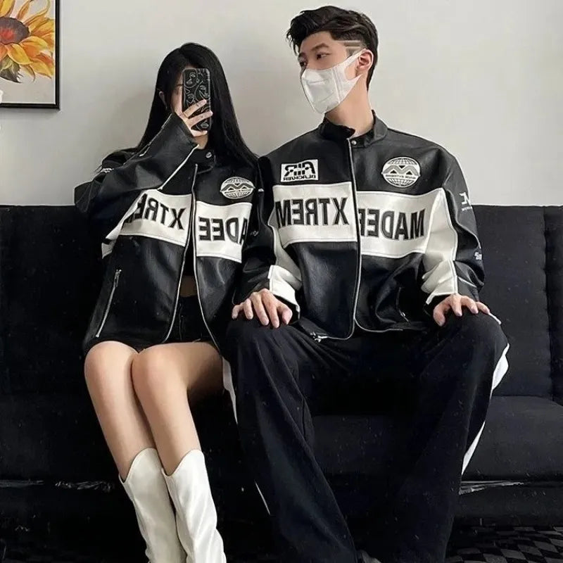 Leather Jackets Zipper Embroidery Unisex Men Letter Embroidery Short Bomber Racing Autumn Korean Fashion Vintage Outerwear 2023