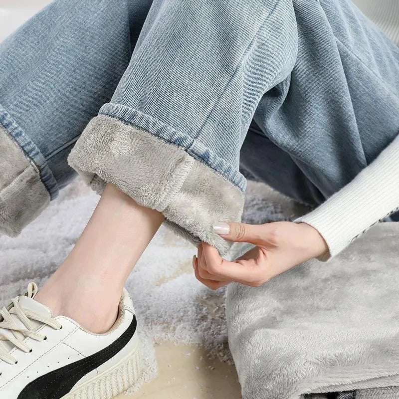 Autumn Winter Plus Velvet Loose High Waist Wide Leg Pants Casual Multi Button Thick Warm Baggy Jeans All-match Denim Trousers