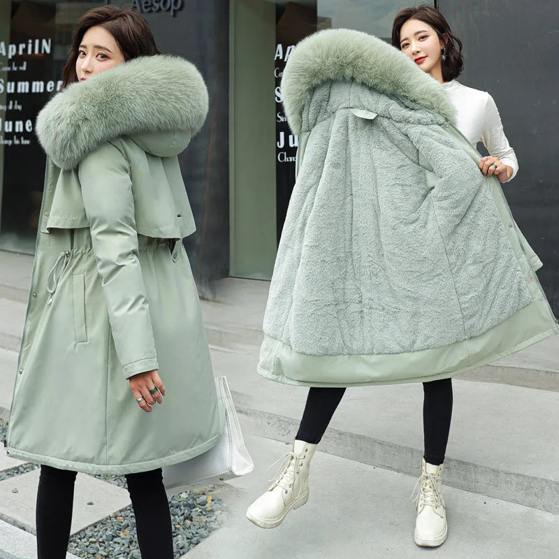 2023 Winter New Cotton Fur Collar Plus Fleece Coat Women Solid Color Down Cotton Jacket for Women