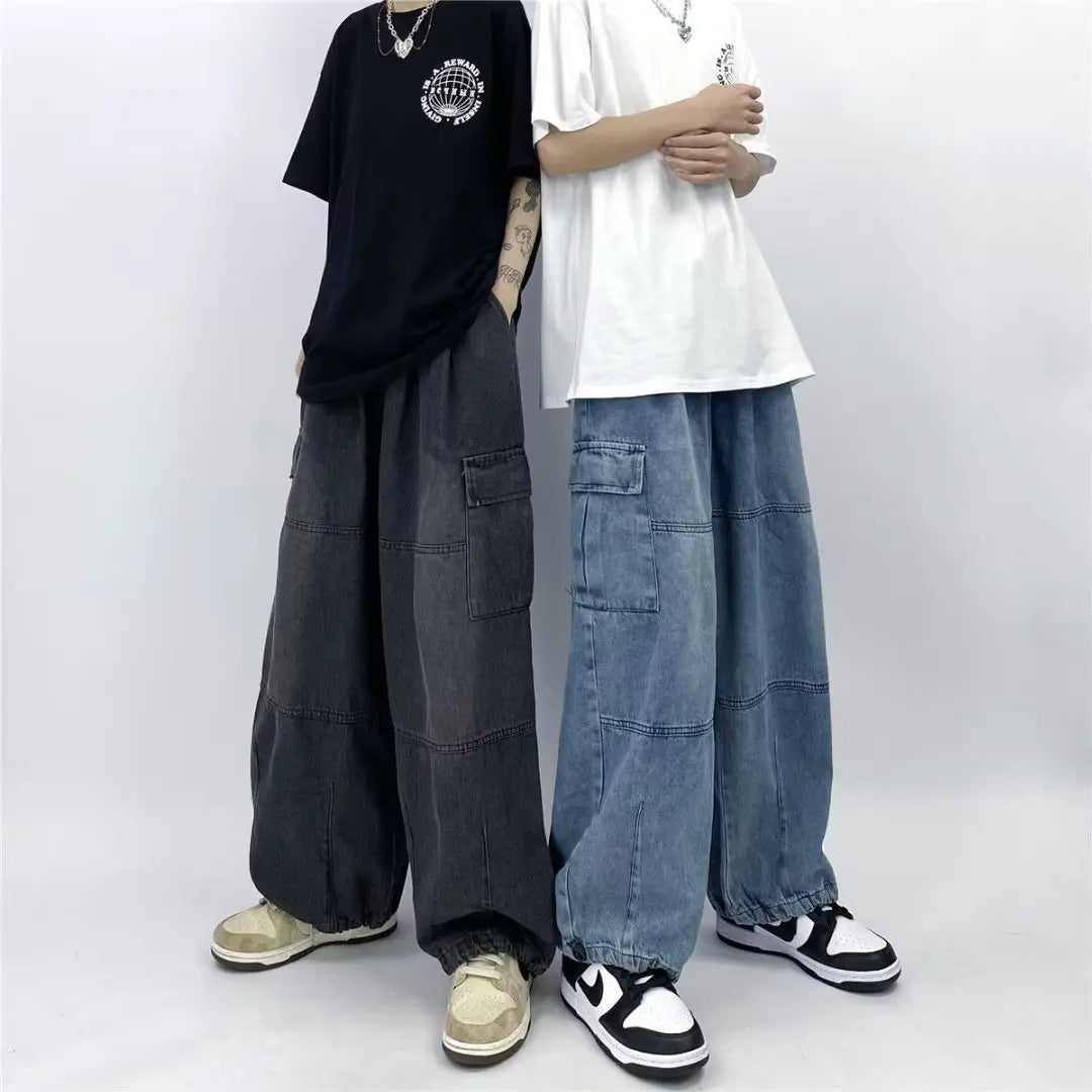 Vintage Y2K Fashion Streetwear Baggy Cargo Jeans for Men High Waisted Straight Wide Leg Pants Male Loose Denim Trousers 2023 New