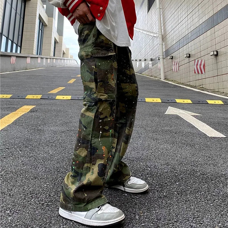 4seasoneAttire -Y2K Fashion Ink Graffiti Baggy Tracksuit Cargo Flare Pants Men Joggers Camouflage Women Casual Long Trousers Ropa Hombre