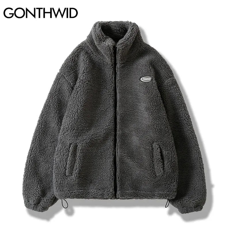 Hip Hop Winter Fleece Fluffy Jacket Streetwear Harajuku Fuzzy Zipper Coat Men Autumn Solid Color Lightweight Jackets Black Beige