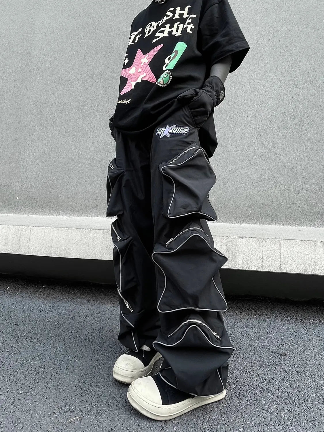 Y2k Cargo Pants Men Five Pointed Star Three Dimensional Multi Pocket Black Pants Reflective Casual Straight Leg Pants Streetwear