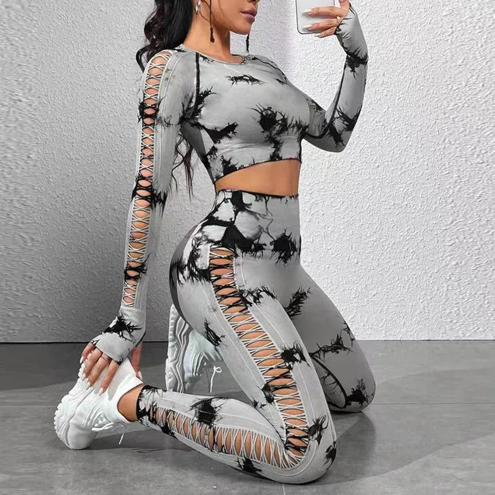 Tie Dye Yoga Pants Sport Leggins Women Seamless Gym Clothing Fitness High Waist Push Up Sexy Hollow Design Workout Tights