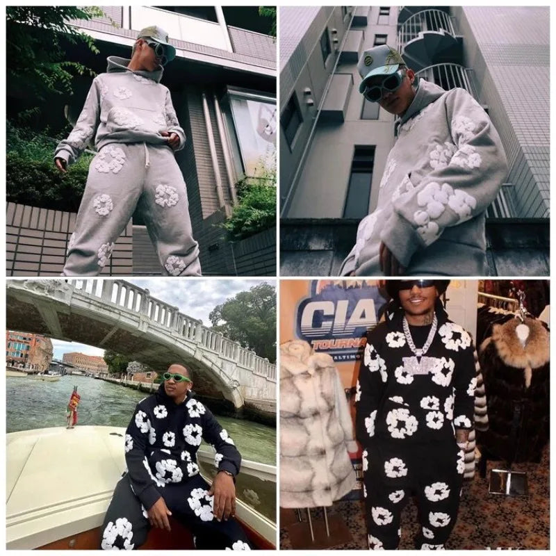 Y2K 2 piece set tracksuit men Hip hop Streetwear Foam Kapok Print Letter printing Oversize Hooded Men Women Sweatshirt Set Baggy