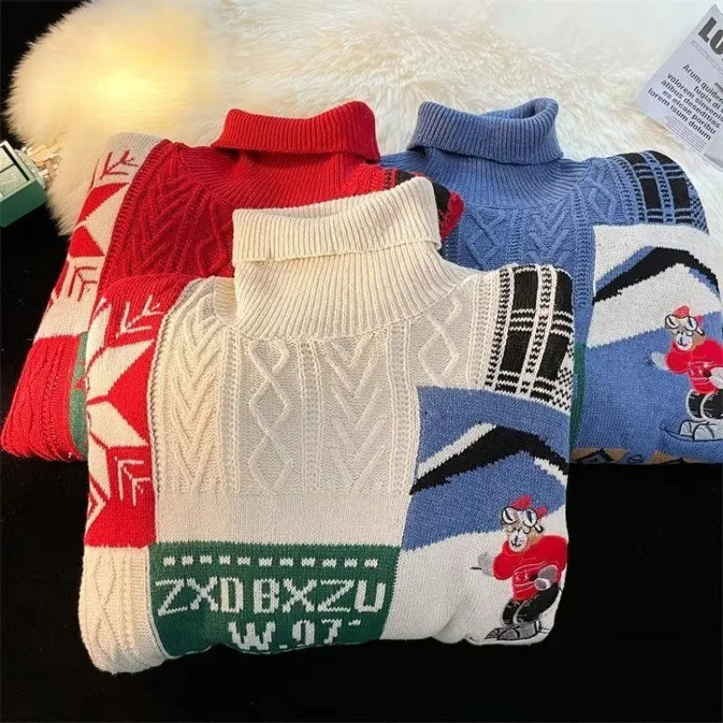 American New Retro Christmas Tree Sweater Y2K Jacket  Street Fashion For Men And Women Loose High-necked Plus Velvet Padded Sweater Coat