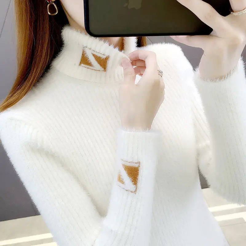 High Collar Pullover Sweater Women Mink Letter Jacquard Underlay Solid Western Knit Undercoat Autumn Winter Pullover Sweater
hoodie style