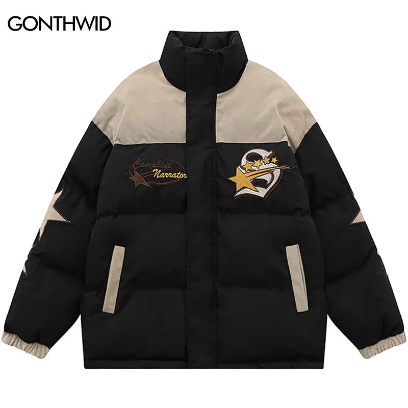 Winter Men Jacket Parka Corduroy Patchwork Embroidery Star Thicken Warm Padded Coat Streetwear Hip Hop Harajuku Bubble Jacket