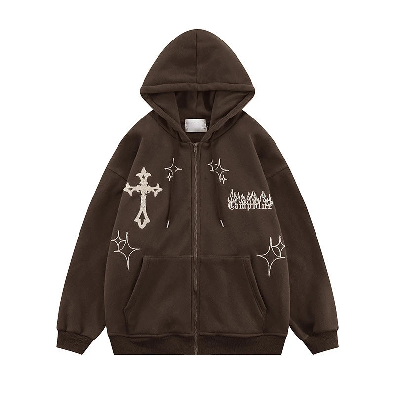 Gothic Embroidery Retro Hoodies Women Harajuku Long Sleeve Zip Up Loose Hooded Sweatshirt Female Casual High Street Jacket Coats