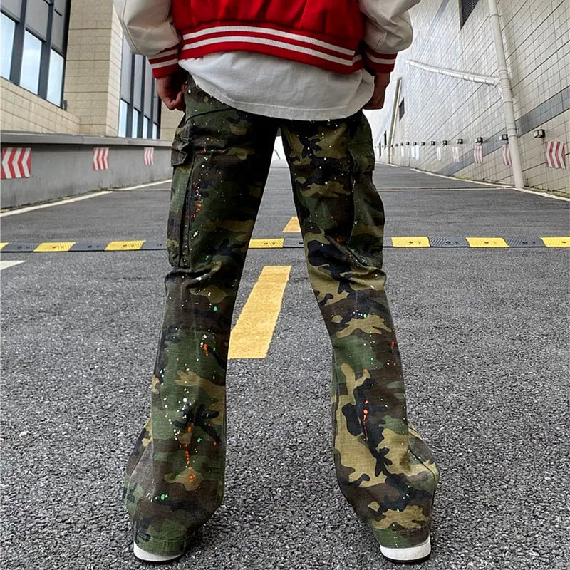 4seasoneAttire -Y2K Fashion Ink Graffiti Baggy Tracksuit Cargo Flare Pants Men Joggers Camouflage Women Casual Long Trousers Ropa Hombre