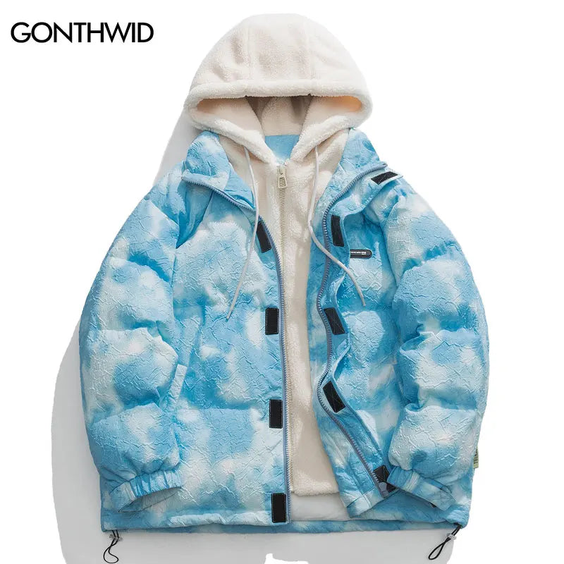 Men Winter Hooded Parka Jackets Streetwear Hip Hop Tie Dye Fuzzy Fluffy Hood Thick Warm Coats Harajuku Fashion Casual Outdoor