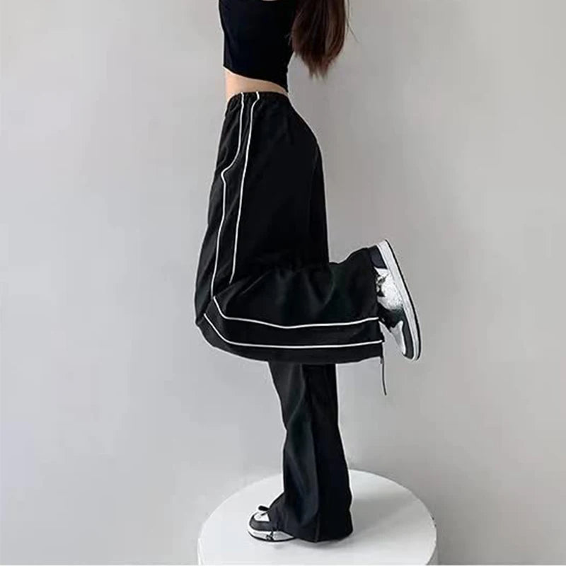 Y2K Baggy Cargo Pants Women Streetwear Baggy Elastic High Waist Sweatpants Harajuku Hip Hop Straight Wide Leg Pants Black Blue