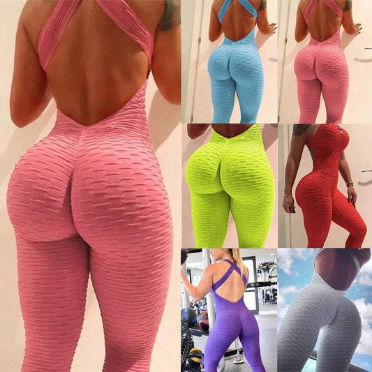 Sexy Backless Jumpsuits Women Solid Fitness Push Up Yoga Suits Elastic Seamless Jacquard Bubble Gym Sportswear Workout Clothes