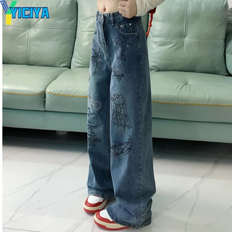 YICIYA y2k style blue jeans hellokitty Women streetwear Full Length baggy pants Denim STRAIGHT Trousers Aesthetic clothing pants