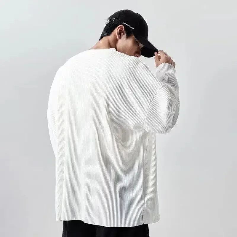 2024 New Trendy Men's Minimalist and Versatile V-neck Pit Stripe Long Sleeved Elastic Solid Casual Loose Oversized T-shirt