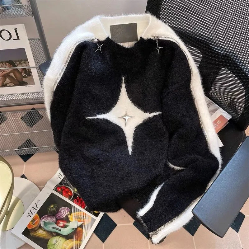 4seasoneAttire - Zipper Star Sweater Female Y2K jacket Street Retro Gothic Spice Girl Loose Casual Lazy Wind Sweater For Men And Women