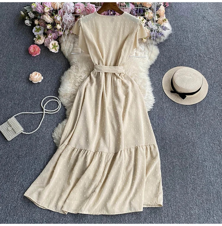 Summer Elegant Long Dress for Women Lace Patchwork Flying Sleeve Midi Lace Up Party Evening Vestidos Polka Dot Boho Tarf New In