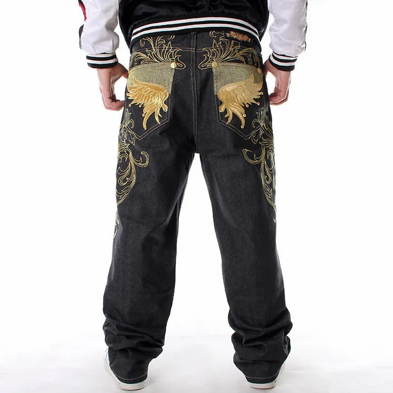 American Retro Black Embroidered Jeans Male Y2K Street Baggy Fashion Gothic Punk Style Loose Casual Joker Cowboy Mop Pants