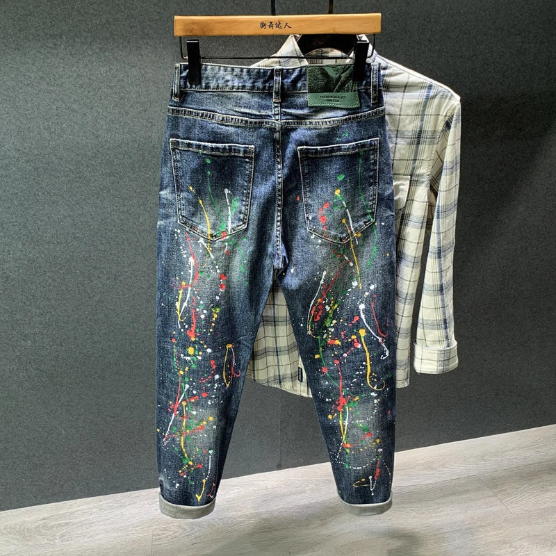 Autumn New Vintage Jeans Men Tie-dye Fashion High Streetwear Cargo  Paint Points Graffiti Hip Hop Trend Slim Male Denim Pants